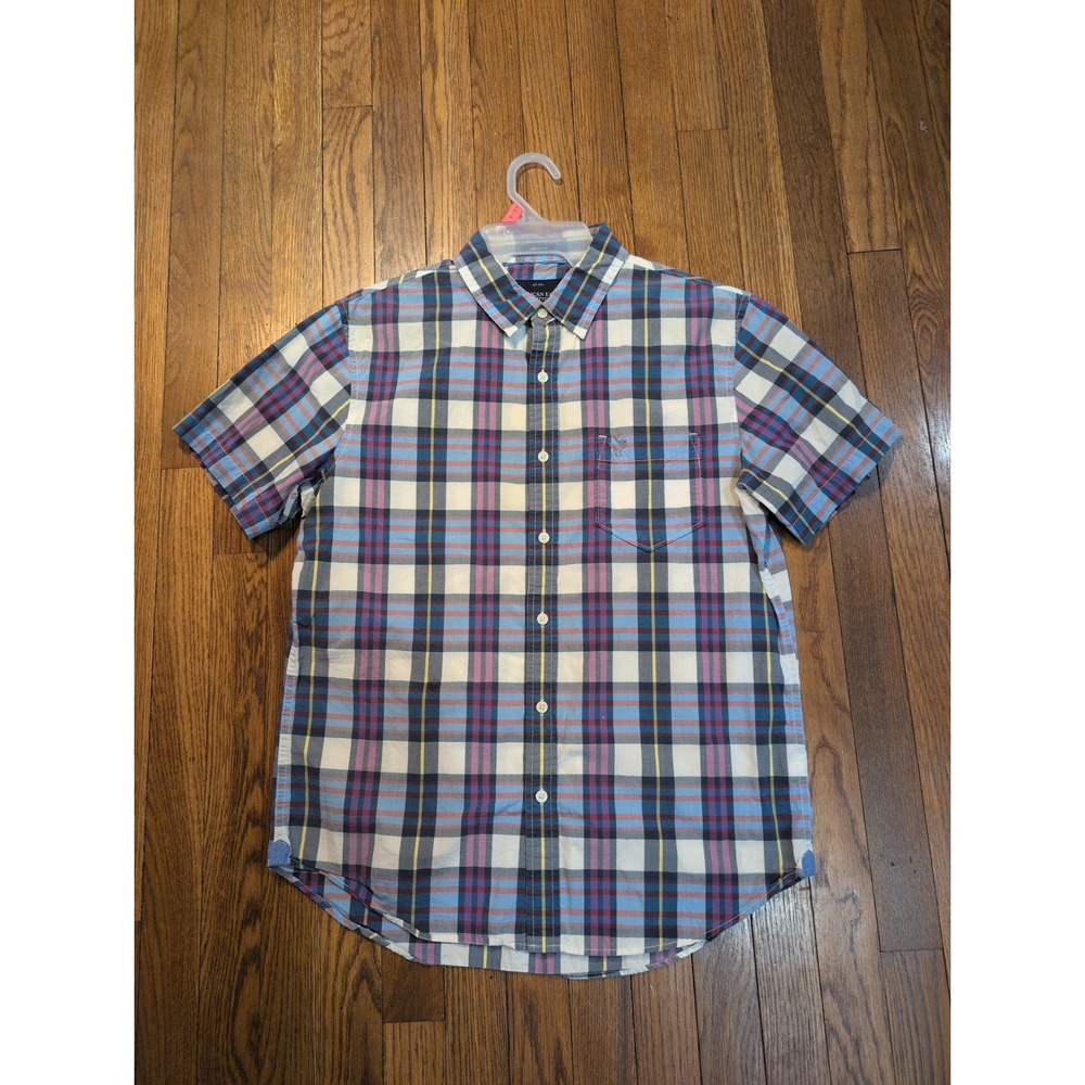 American Eagle Outfitters Mens Medium Plaid Short Sleeve Button Down Shirt Blue - Picture 2 of 7